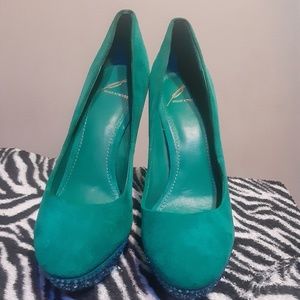 BRIAN ATWOOD TEAL JEWELED PUMPS